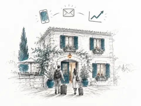 Hotelfassade, Gäste und ein Umschlag mit Diagramm auf einem Telefon; Bleistiftskizze.