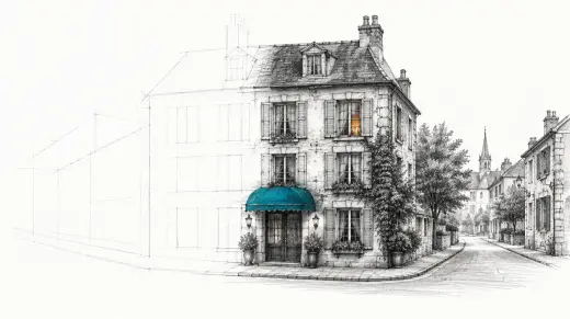 Bleistiftskizze: eine halb gezeichnete Straße und Hotelfassade.